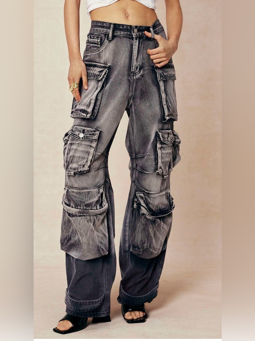 Love Soho Washed Black Multi-Pocket Cargo Pants